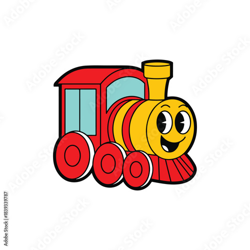 a cheerful red and yellow cartoon train with a smiling face and large wheels is depicted in a simple style
