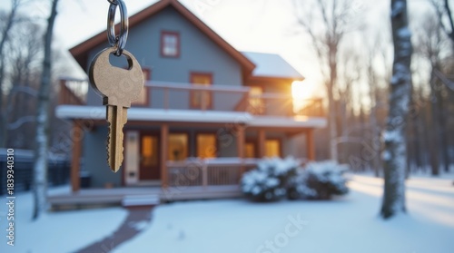 Key with house shaped keychain. Modern country private house with winter snowy garden on the background. Real estate, moving home or renting property concept. 