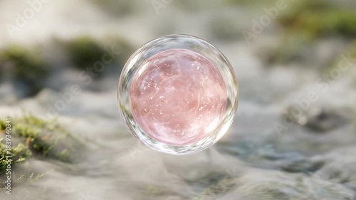 A mystical, translucent sphere, brimming with an ethereal, pink essence, hovers gently amidst a dreamy, vaporous environment, inviting curiosity.