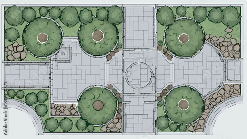 Elegant garden plan with symmetrical pathways, manicured trees, and stone accents