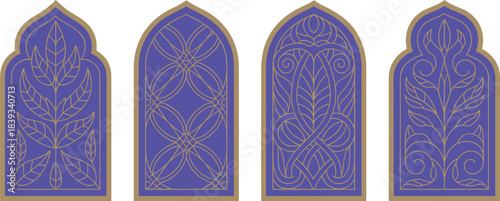 Elegant Islamic geometric patterns, ornate arches, floral motifs, and traditional Arabic window designs for luxury interior decoration and cultural art projects.