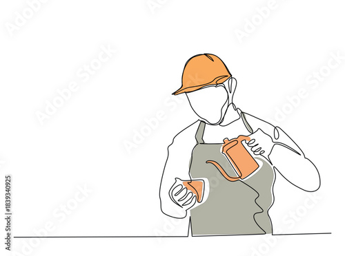 Illustration of Barista preparing coffee. Barista in coffee shop in single outline illustration.
