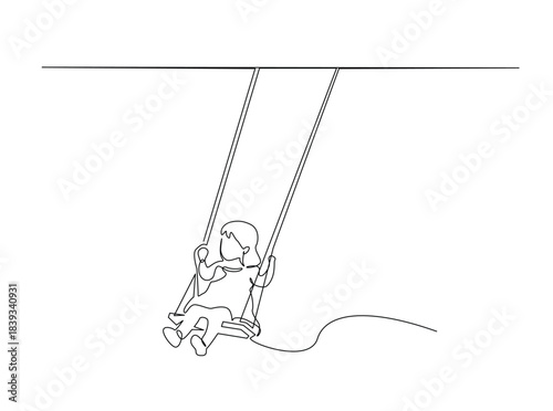 One Line Drawing of Child on Swing. Minimalist Continuous Line Art of a little girl sitting on a swing, holding the ropes with both hands