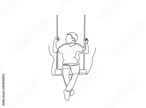One Line Drawing of Child on Swing. Minimalist Continuous Line Art of a little boy sitting on a swing, holding the ropes with both hands