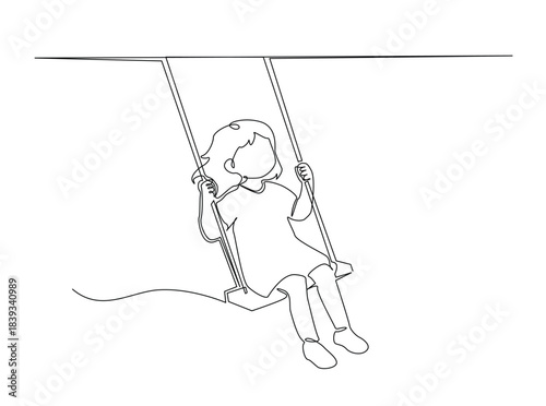 One Line Drawing of Child on Swing. Minimalist Continuous Line Art of a little girl sitting on a swing, holding the ropes with both hands