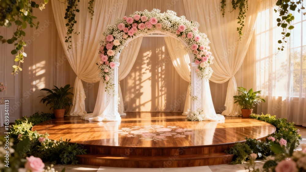 Obraz premium Curved white wedding arch adorned lavishly with blush pink roses and white baby's breath flowers set on a raised circular wooden stage.