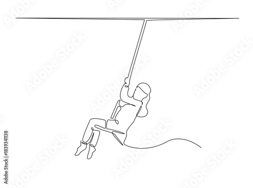 One Line Drawing of Child on Swing. Minimalist Continuous Line Art of a little girl sitting on a swing, holding the ropes with both hands