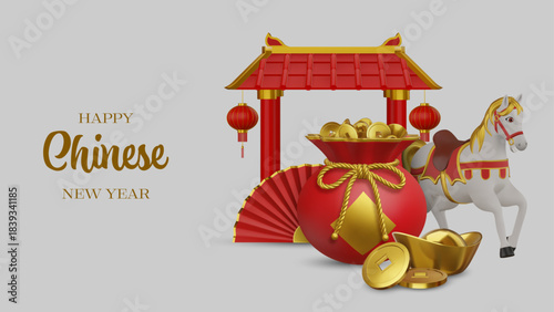 chinese new year background with 3d horse, lucky bag with coins, folding fan, temple and ingot. horse year banner