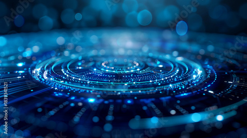 Futuristic digital interface shows life insurance features and options within a virtual space. The design includes flowing data and glowing patterns
