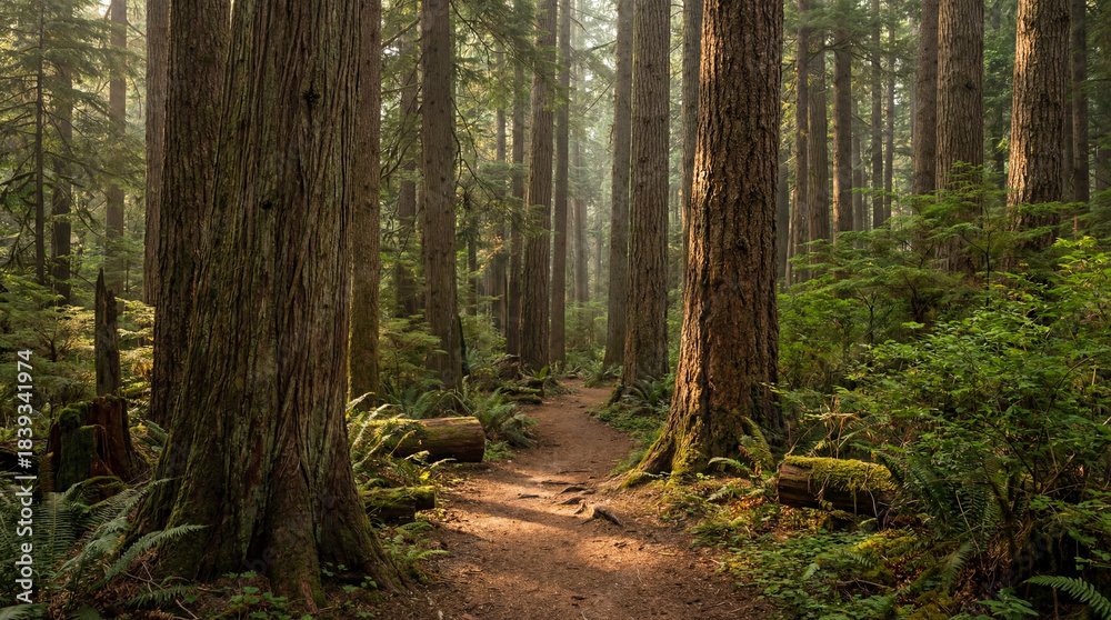 Fototapeta premium tranquil forest trail with sunlight filtering through tall trees