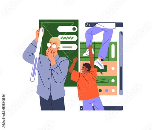 UX UI design concept. Frontend development. Team creates new user interface for mobile app. Designers do redesign screens, update GUI of website. Flat isolated vector illustration on white background.