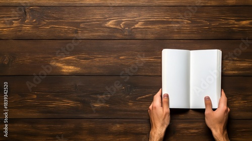 Hands Holding Open Blank Book on Rustic Wooden Table Surface