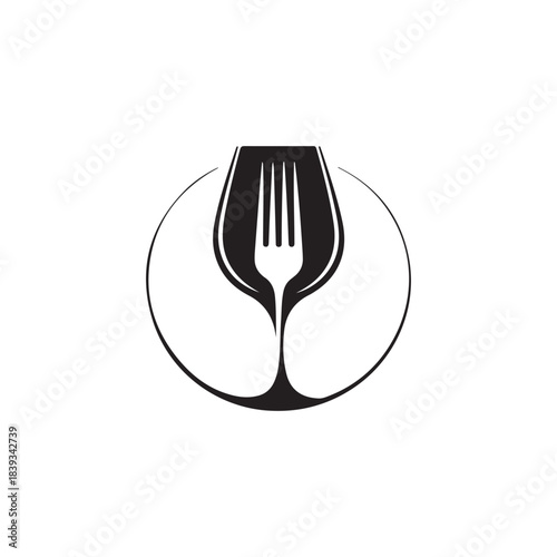 a minimalist graphic design featuring a wine glass silhouette encompassing a fork suggesting dining and culinary experiences