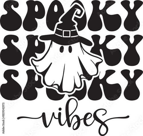 Spooky vibes ghost wearing witch hat halloween typography design