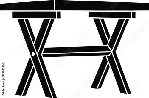 Folding X-Leg Picnic Table Vector Icon, Portable Furniture Silhouette, Collapsible Camp Table, Black Isolated Graphic, Outdoor Design Element, EPS Illustration