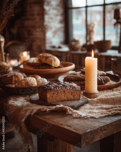 Warm Rustic Bread Loaf and Candlelight on Vintage Kitchen Table