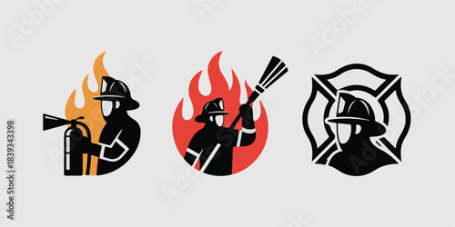 Minimalist firefighter logo set with dynamic silhouettes, bold red accents, geometric flames, protective gear, high-impact vector design, perfect for branding, emergency marketing.