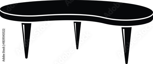 Kidney Shaped Three-Leg Coffee Table Vector Silhouette, Retro Furniture Icon, Curved End Table, Black Isolated Illustration, Living Room Graphic, EPS Element