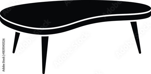 Kidney Shaped Three-Leg Coffee Table Vector Silhouette, Retro Furniture Icon, Curved End Table, Black Isolated Illustration, Living Room Graphic, EPS Element