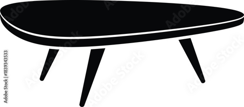 Kidney Shaped Three-Leg Coffee Table Vector Silhouette, Retro Furniture Icon, Curved End Table, Black Isolated Illustration, Living Room Graphic, EPS Element