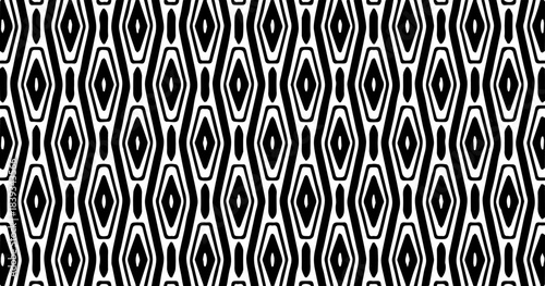Black and white seamless geometric pattern with bold repeating diamond and oval shapes for strong modern decorative backgrounds.