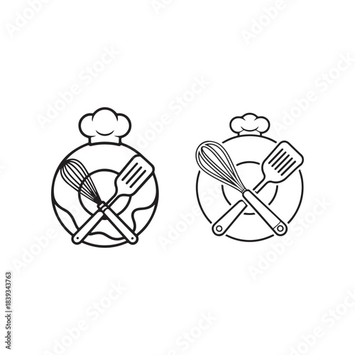 A minimalist illustration showcases cooking utensils like whisks spatulas and a chef s hat on plates