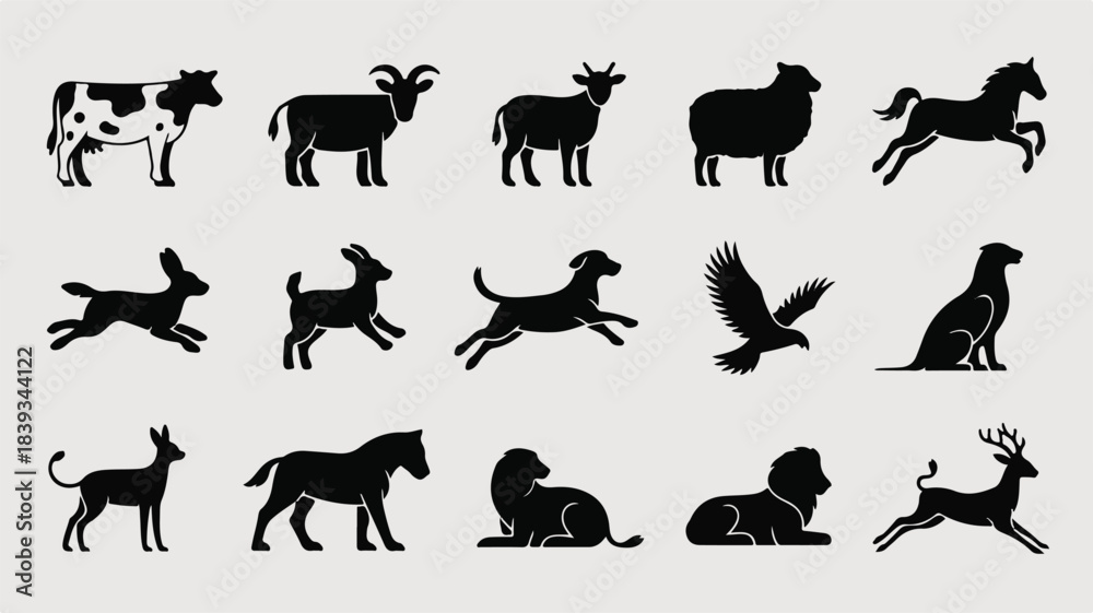 Fototapeta premium Wild animals silhouette illustrations icon set. Including fauna, lion, tiger, elephant, deer, wolf, bear, giraffe, zebra, rhino, hippo, buffalo, fox, panther, cheetah, jaguar, monkey, bird, hawk.