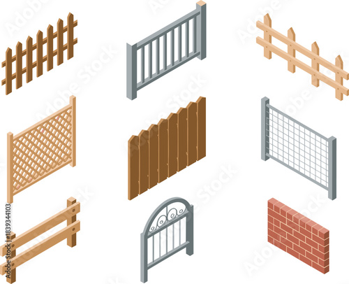 Isometric fence and gate collection, wooden, metal, brick, lattice designs for garden, property, landscape architecture, 3D vector illustration, home design projects.