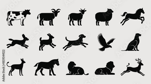 Wild animals   silhouette illustrations icon set. Including fauna, lion, tiger, elephant, deer, wolf, bear, giraffe, zebra, rhino, hippo, buffalo, fox, panther, cheetah, jaguar, monkey, bird, hawk.