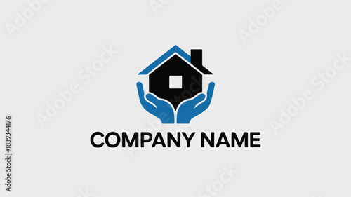 Minimalist real estate logo black house with white window, gray roof, cradled by blue hands, bold sans-serif text below, conveys home care, security, protection.