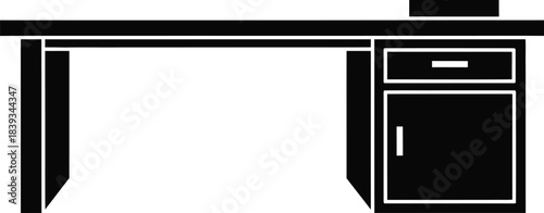 Office Desk with Cabinet Vector Illustration, Black Furniture Icon with Door and Drawer