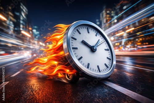A clock speeding down a highway, with flames blazing in the background, represents the speed of life.