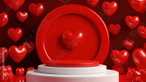 A red and white pedestal with a heart on it. The pedestal is surrounded by many red hearts