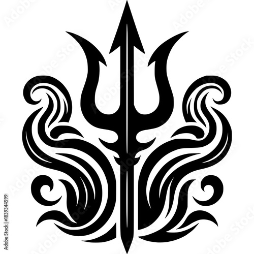 Trident Illustration: A stylized illustration of a trident, featuring a central spear and two curving prongs, evoking themes of power and dominion.