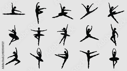 Male and female ballet dancers in various elegant poses silhouette illustrations dynamicicon set.   
