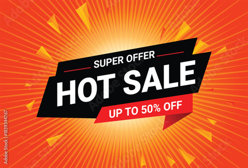 Super offer hot sale up to 50 percent off discount banner template on orange sunburst background