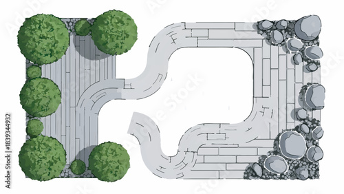 Architectural top view landscape design plan with paths, trees, paving, and rocks