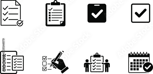Checklist and task icons set: document, clipboard, checkmark, and calendar