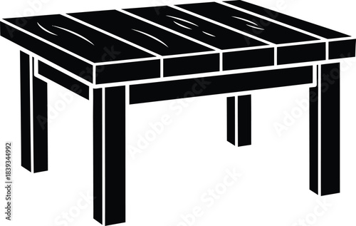 Wooden picnic table vector silhouette, rustic outdoor furniture icon, park bench symbol, garden carpentry