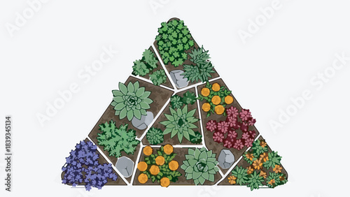 Triangular Geometric Garden Bed Design with Various Plants and Flowers, Top View, Isolated