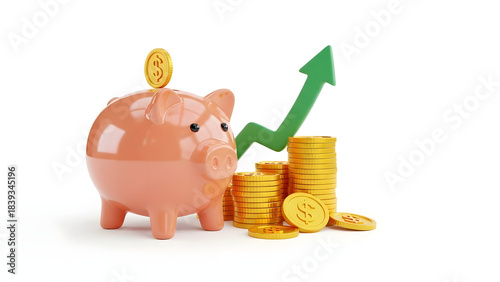 Pink piggy bank with coins and rising green arrow. Ideal for financial growth concepts, savings, investment, budgeting, and banking designs.