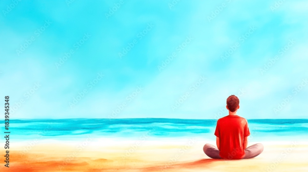 Fototapeta premium Person Meditating on Beach with Serene Ocean and Bright Sky Background
