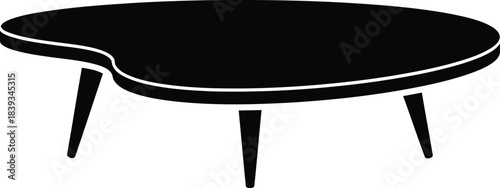 Kidney Shaped Three-Leg Coffee Table Vector Silhouette, Retro Furniture Icon, Curved End Table, Black Isolated Illustration, Living Room Graphic, EPS Element