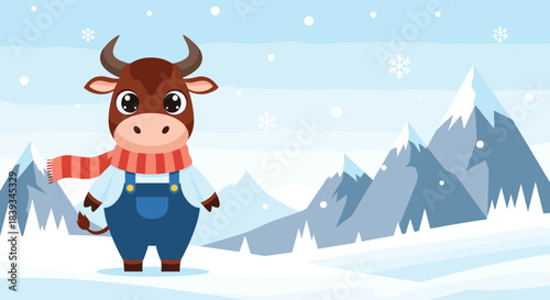 Cute cartoon bull wearing a red scarf and blue overalls standing in a snowy winter landscape with mountains in the background.