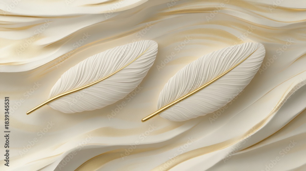 Naklejka premium Two off-white feathers with gold accents rest on a creamy, wavy surface