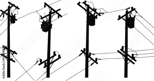 Silhouette of multiple electric power poles with transformers and cables, high voltage utility lines, industrial energy infrastructure concept background