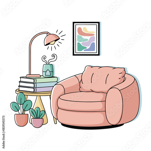 Relaxing Home Scene: Cozy Armchair, Books, Lamp, and Plants for a Calm Interior Illustration