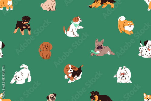 Endless background of cute puppies of different breeds having fun. Repeatable pattern of funny pups of Spitz, Bulldog, Corgi, and Pug. Baby dogs playing with toys. Flat seamless vector illustration.