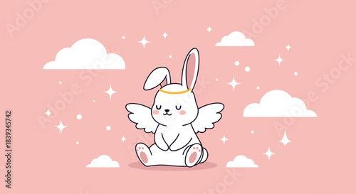 Cute illustration of an adorable white angel bunny with a golden halo and wings sitting peacefully against a soft pink sky with clouds and stars.