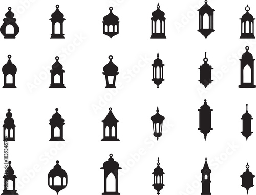 A grid of various black silhouette designs of traditional Islamic lanterns, perfect for festive occasions.